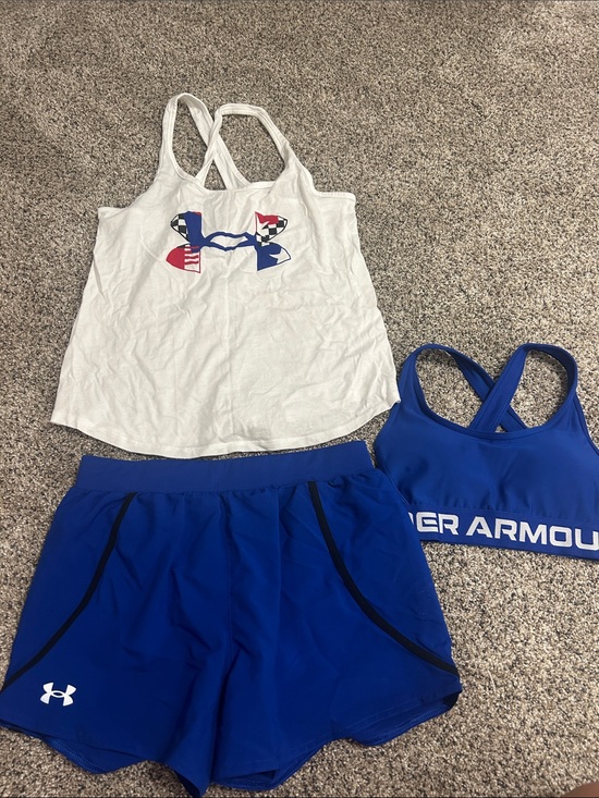 Under Armour Pants - Under Armour White Tank with Blue Sports Bra and Blue Shorts Set